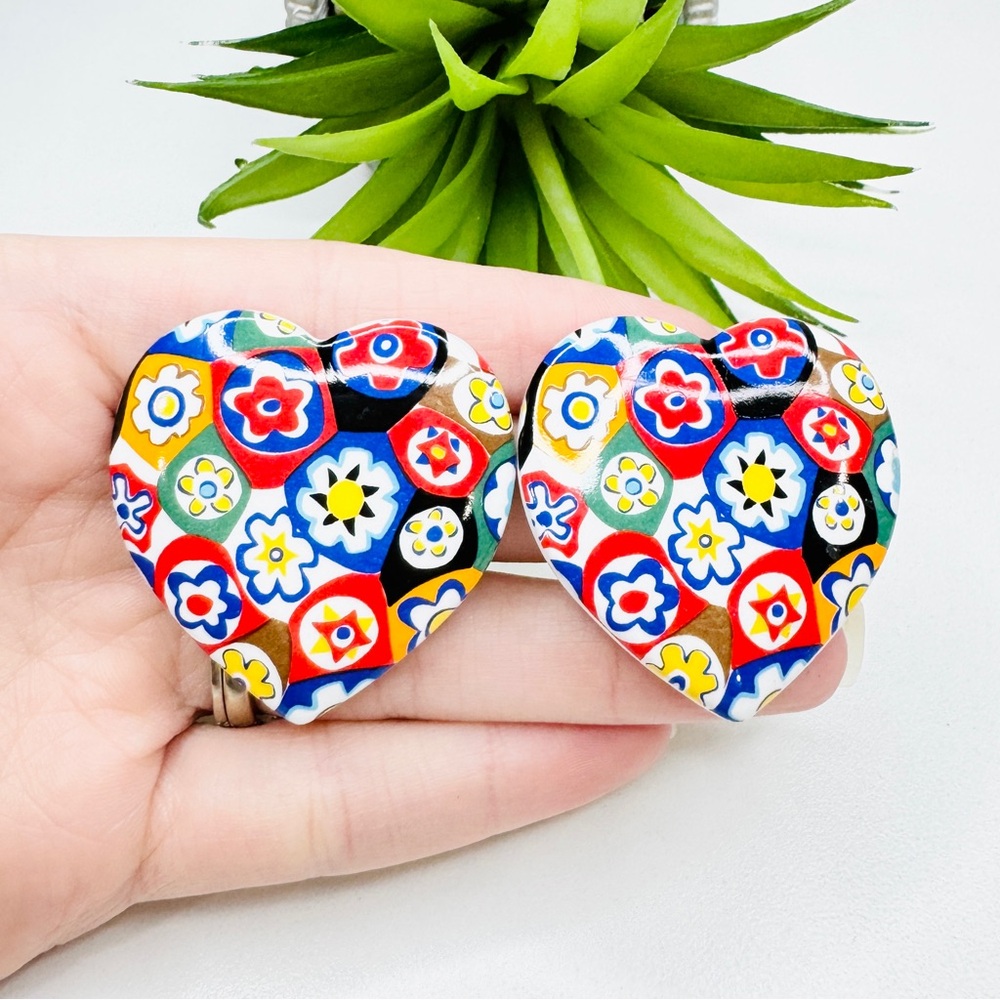 Vintage 90’s Avon “Porcelain Tapestry” Millefiori Print Heart Clip On Earrings